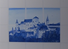 Burg und St. Lucia auf Fliesenspiegel in Indisch–Blau  *